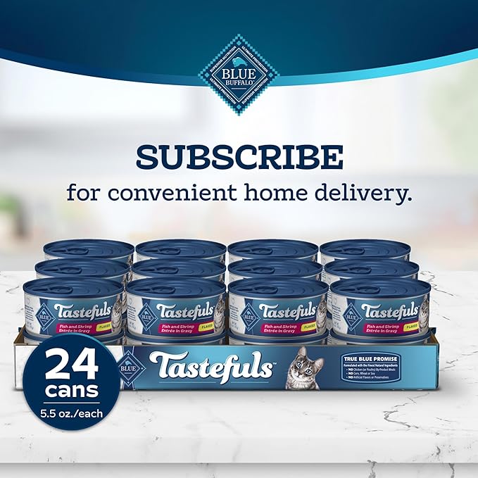 Blue Buffalo Tastefuls Flaked Wet Cat Food, Made with Natural Ingredients, Fish and Shrimp Entrée in Gravy, 5.5-oz Cans (24 Count)