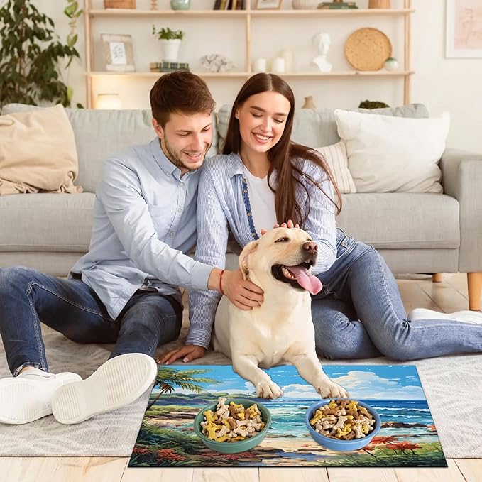 Ocean Beach Dog Food Mat for Floors Absorbent, Quick Dry Water Dispenser Mat for Food, Water, Pet Supplies 24" x 32", Tropical Palm Tree