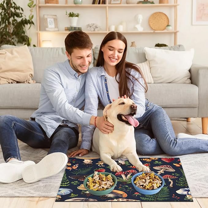 Autumn Mushrooms Dog Food Mat for Floors Absorbent Dog Bowl Mat for Food and Water Dispenser Quick Dry Cat Food Placemat Pet Supplies 24" x 32", Boho Leaves