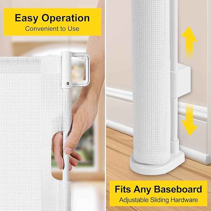 Reinforced 42” Tall x 160” Extra Wide Retractable Baby Gates with Support Rods, Extra Tall Baby Gate for Wide Openings, Pet Gates for Dogs Extra Wide Dog Gates for Doorways Indoor Outdoor, White