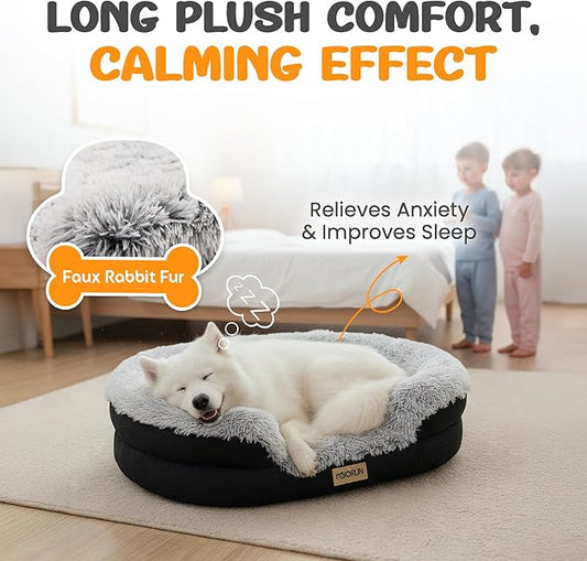 Fluffy Orthopedic Dog Bed for Large & Extra Large Dogs, Calming Plush Sofa Bed with Curved Bolster Support and Egg-Crate Foam Base, 43" Cozy Oval Pet Donut Bed with Washable Cover, Gray