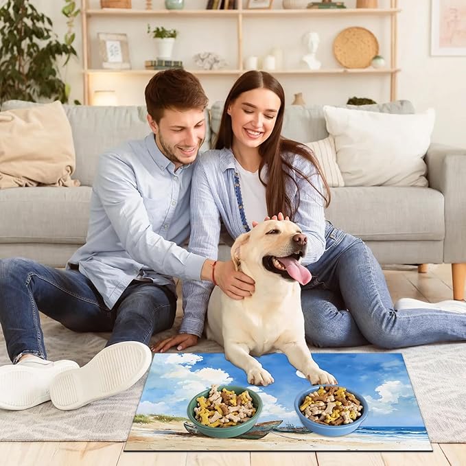 Seasides Sailboat Dog Food Mat for Floors Absorbent, Quick Dry Water Dispenser Mat for Food, Water, Pet Supplies 24" x 32", Ocean Beach