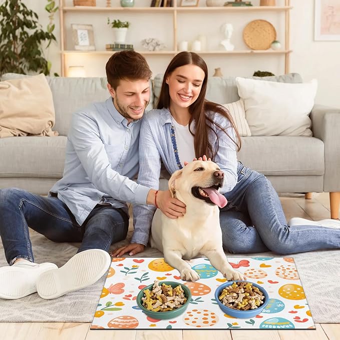 Easter Egg Dog Food Mat for Floors Absorbent Dog Bowl Mat for Food and Water Dispenser Quick Dry Cat Food Placemat Pet Supplies 12" x 20", Butterfly Flower
