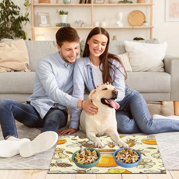 Honey Bee Dog Food Mat for Floors Absorbent, Quick Dry Water Dispenser Mat for Food, Water, Pet Supplies 12" x 20", Daisy Flower