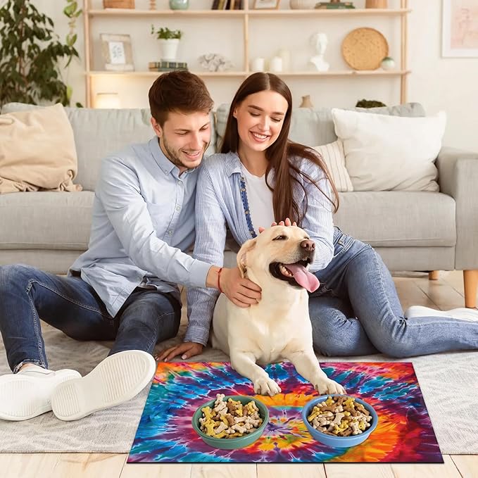 Colorful Tie dye Dog Food Mat for Floors Absorbent, Quick Dry Water Dispenser Mat for Food, Water, Pet Supplies 12" x 20", Abstract Rainbow