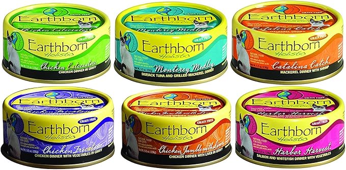 Earthborn Grain-Free 5.5 Oz Canned Cat Food Mixed 24 Cans with 6 Flavors Chicken Catcciatori, Monterey Medley, Catalina Catch, Chicken Fricatssee, Jumble with Liver, Harbor Harvest
