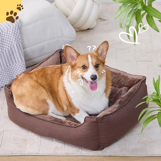 Makigued Rectangle Small Dog Bed with Removable Washable Cover Pet Bed with Bolster Sides Non-Slip Bottom Pet Sofa Waterproof Lining Durable Pet Cuddler, Dark Brown, 21x 16x 6.3 in