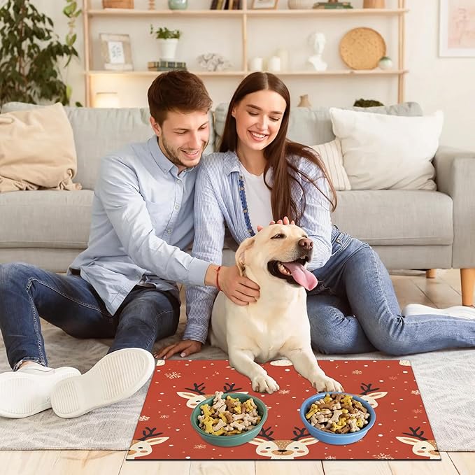 Red Christmas Deer Dog Food Mat for Floors Absorbent, Quick Dry Water Dispenser Mat for Food, Water, Pet Supplies 17" x 30", Winter Snowflake