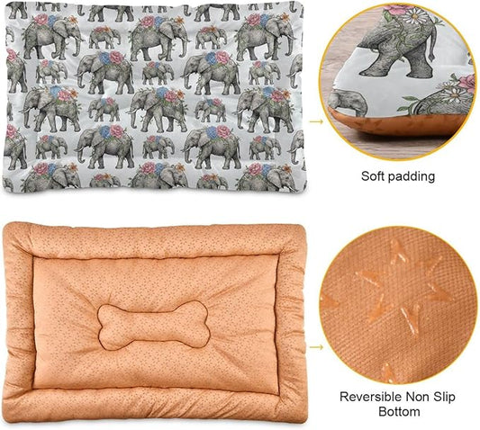 Dog Bed for Crate Washable Pet Sleep Pad, Elephant Print Kennel Mat with Non-Slip Bottom, Soft Fluffy Supplies Pet for Dogs and Cats (36x24 inch)