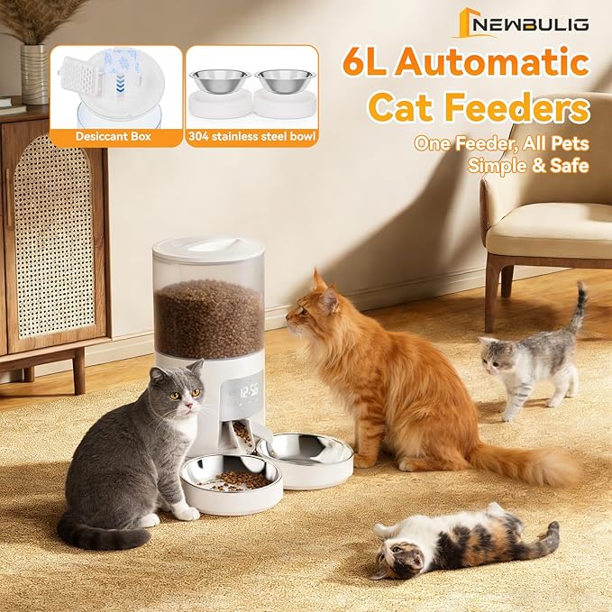 NEWBULIG Automatic Cat Feeder for 2 Cats, 6L Timed Pet Feeders with 10s Voice Recorder, Dog Food Dispenser, Dry Food, 6 Meals, Programmable 50 Portions, Dual Power Supply