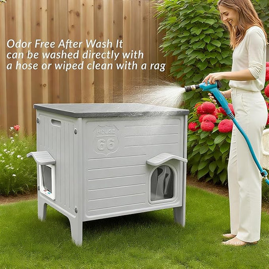 Weatherproof Insulated Outdoor Cat House for Feral Cat, Plastic Elevated Cat Shelter with Escape Door, Easy Assemble, Expansive Interior‌ Grey 22.0" L x 21.0" W x 16.0" H