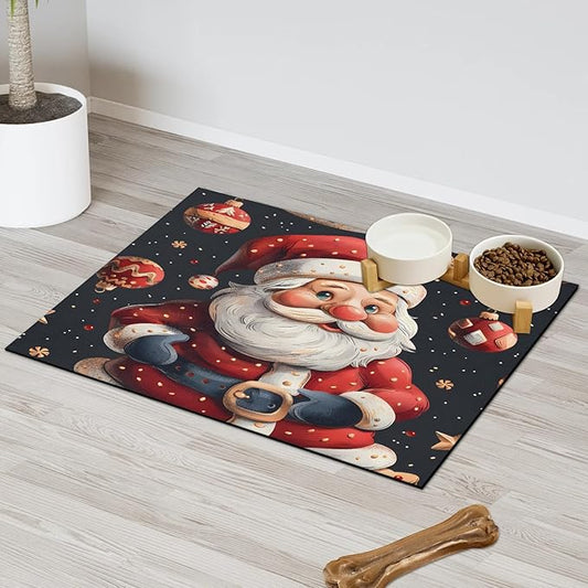 Santa Claus Dog Food Mat for Floors Absorbent, Quick Dry Water Dispenser Mat for Food, Water, Pet Supplies 12" x 20", Xmas Balls