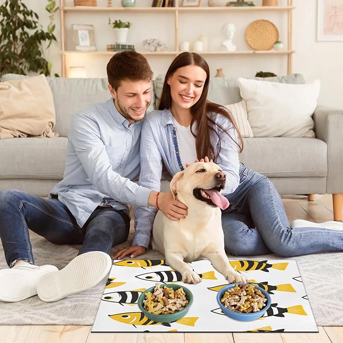 Fish Dog Food Mat for Floors Absorbent Dog Bowl Mat for Food and Water Dispenser Quick Dry Cat Food Placemat Pet Supplies 17" x 30", Ocean