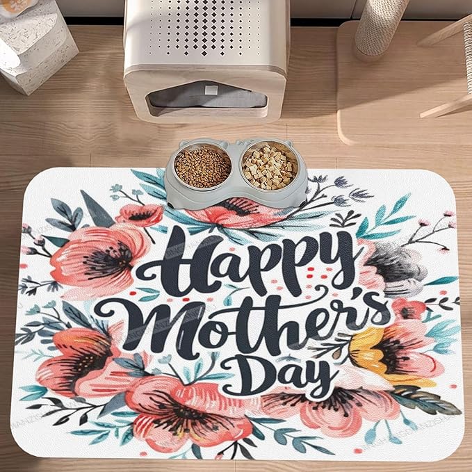 Dog Food Mats for Floors Happy Mother's Day Watercolor Floral Gift Mom Kx Absorbent Pet Cat Food Mat Quick Dry Dog Bowl Mats for Water Pet Supplies 18X12In