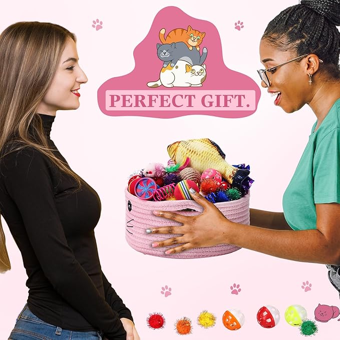 Zopeal 58 Pcs Easter Cat Storage Basket Gift Toys Set, Colorful Flashing Balls Pet Bell Crinkle Balls Spring Toys Attract Cat to Swat, Hunt, Interactive for Pet(Pink,9.8 Inch)