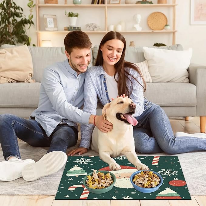 Merry Christmas Dog Food Mat for Floors Absorbent, Quick Dry Water Dispenser Mat for Food, Water, Pet Supplies 12" x 20", Santa Claus