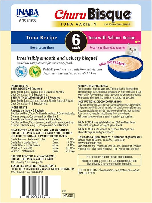 INABA Churu Bisque for Cats, Creamy Lickable Purée Side Dish with Vitamin E, 1.4 Ounces per Pouch, 12 Pouches, Tuna Variety