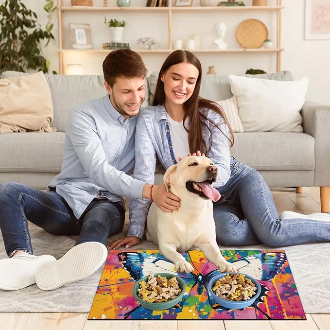 Colorful Butterfly Dog Food Mat for Floors Absorbent, Quick Dry Water Dispenser Mat for Food, Water, Pet Supplies 12" x 20", Watercolor Animals