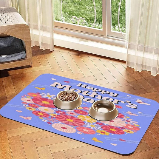 Pet Feeding Mat Happy Mother's Day Floral Heart Gift Mom Fr Absorbent Pet Placemat for Food Water Bowl with Waterproof Rubber Backing 18X12In Quick Dry Water Dispenser Mat for Dog Cat
