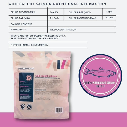 Momentum Carnivore Nutrition Freeze-Dried Wild-Caught Salmon Dog Treats & Cat Treats β Single-Ingredient, High-Protein, Grain-Free, Natural Source of Omega-3s β Made in USA β 3 oz Bag