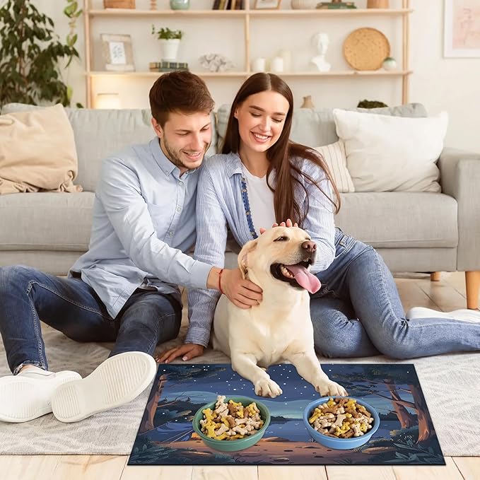 Mountain Forest Dog Food Mat for Floors Absorbent, Quick Dry Water Dispenser Mat for Food, Water, Pet Supplies 16" x 24", Moon Star Clouds
