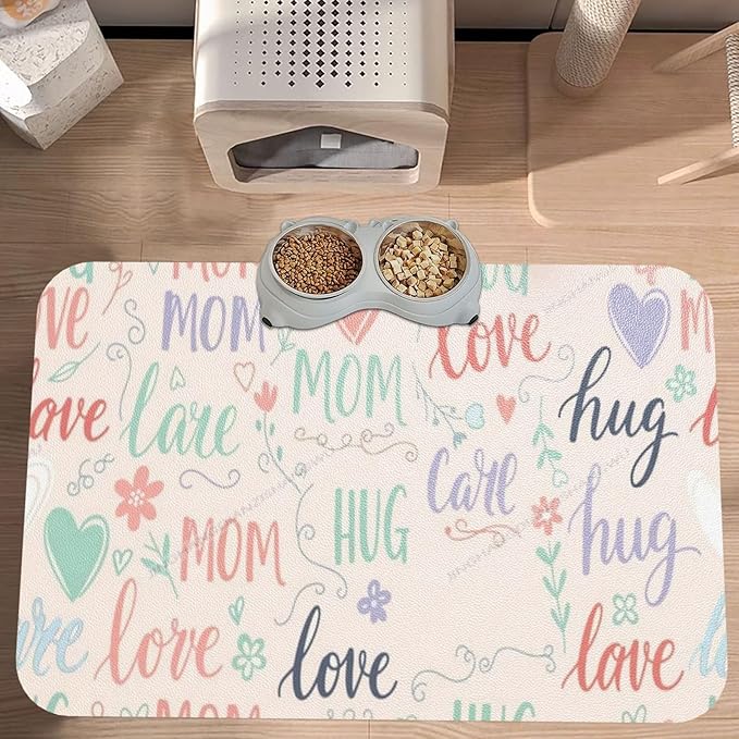 Dog Food Mats for Floors Absorbent Pet Cat Food Mat Happy Mom Hug Love Mum Non Slip Dogs Bowl Mats for Water Dog Placemats Feeding Mat Pet Supplies 18X12In