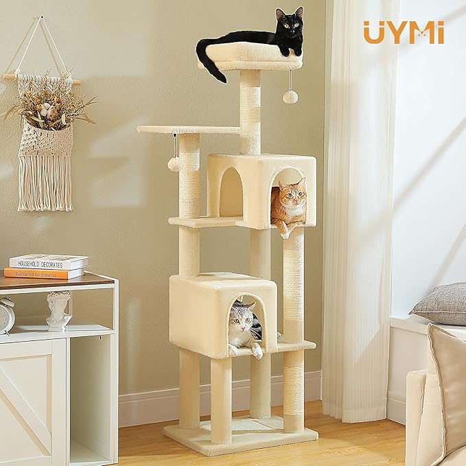 Cat Tree for Indoor Cats, 62" Multi-Level Cat Tower with 2 Spacious Condos, Scratching Pad, 4 Cat Scratching Posts, 2 Top Perches, 2 Pompoms, Beige
