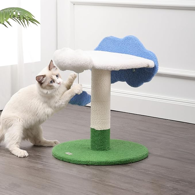 CTR1006A Sami 21.5" Modern Jute Cloud Cat Tree with Scratching Post, and Fuzzy Toy, White/Blue/Green