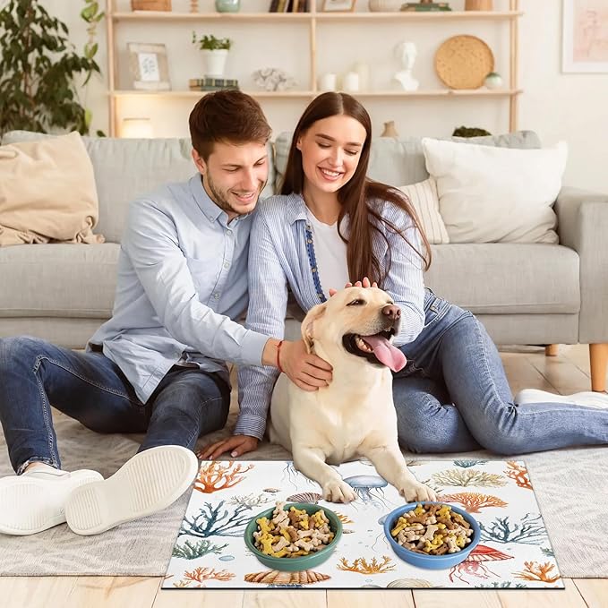 Sea Jellyfish Dog Food Mat for Floors Absorbent Dog Bowl Mat for Food and Water Dispenser Quick Dry Cat Food Placemat Pet Supplies 16" x 24", Coral Coastal