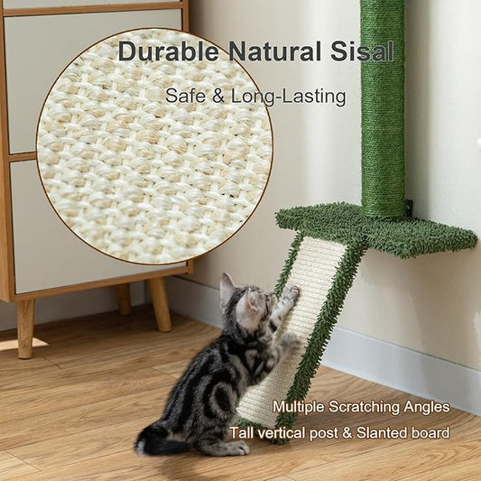 Cactus Wall-Mounted Cat Climbing Tree – Heavy-Duty Sisal Scratching Post with Slanted Board & Hanging Toy – Drill-Mount for All Wall Types, Space-Saving Decorative Cat Furniture