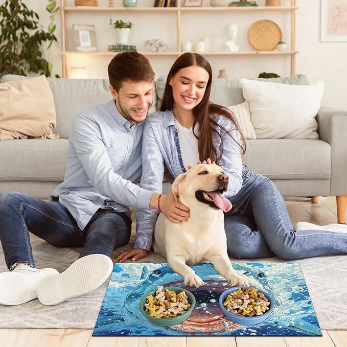 Sharks Dog Food Mat for Floors Absorbent Dog Bowl Mat for Food and Water Dispenser Quick Dry Cat Food Placemat Pet Supplies 12" x 20", Sea Ocean