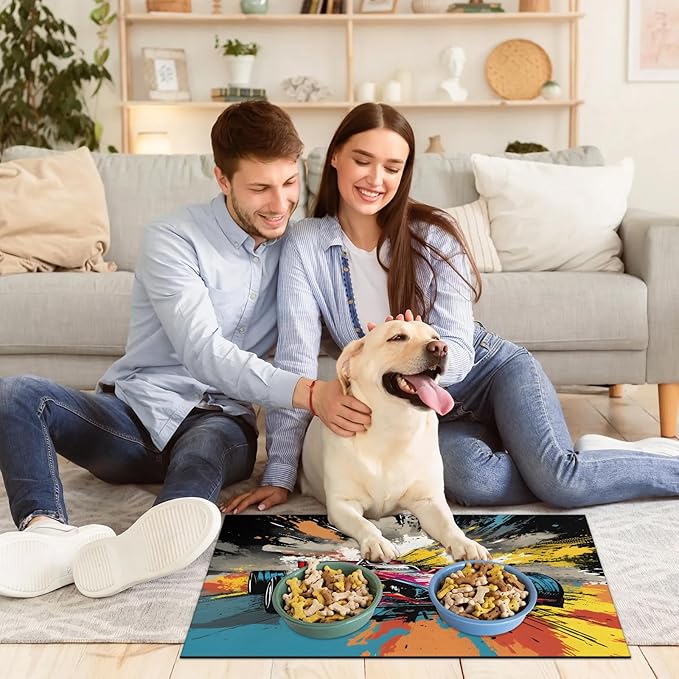 Race Car Dog Food Mat for Floors Absorbent, Quick Dry Water Dispenser Mat for Food, Water, Pet Supplies 17" x 30", Cool Car