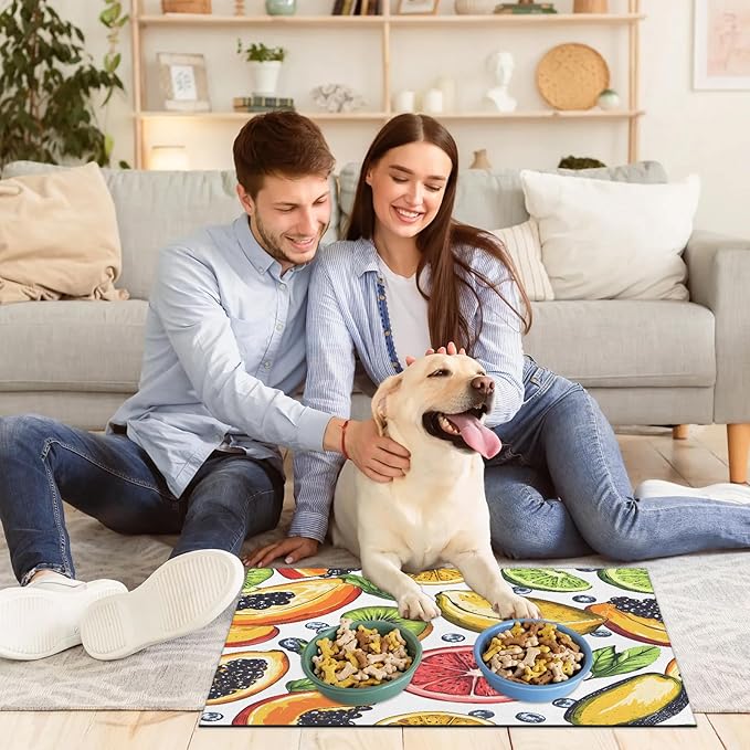 Summer Fruit Dog Food Mat for Floors Absorbent Dog Bowl Mat for Food and Water Dispenser Quick Dry Cat Food Placemat Pet Supplies 17" x 30", Cute Tropical Fruit