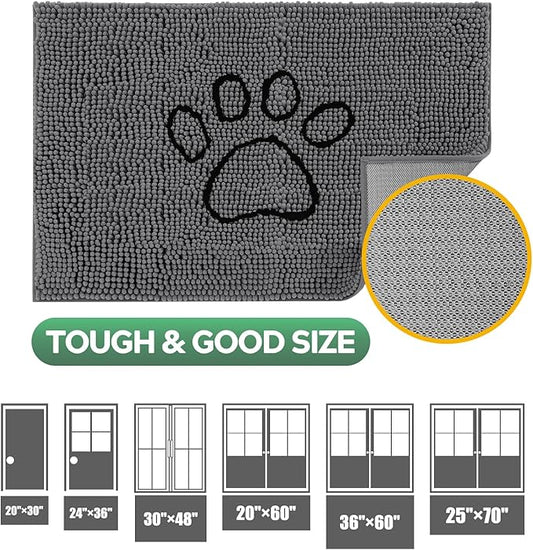 Dog Door Mat for Muddy Paws, Pet Rug Chenille Absorbent Outdoor Doormat 30"x 20", Non Slip Heavy Indoor Doormat Soft Front Inside Doormats for Entryway, Mud Paws, Patio,Dog Paw Black Grey