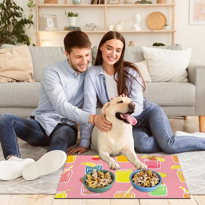 Cool Juice Dog Food Mat for Floors Absorbent Dog Bowl Mat for Food and Water Dispenser Quick Dry Cat Food Placemat Pet Supplies 12" x 20", Lemon Strawberry