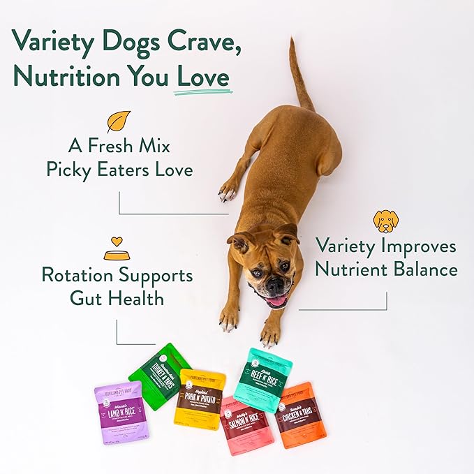 Portland Pet Food Company Fresh Dog Food Pouches - Human-Grade Toppers Wet Pet Meal & Mixers - Small & Large Breed Puppy & Senior Dogs - Gluten-Free, Limited Ingredient Salmon & Beef - 8 Pack Variety