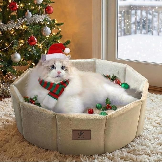 PJYuCien Premium Orthopedic Memory Foam Round Pet Bed for Large Cats, Small Dogs & Puppies - 20" Indoor Donut Cuddler with Non-Slip Bottom, Machine Washable, Supports Pets Up to 18 lbs, Khaki