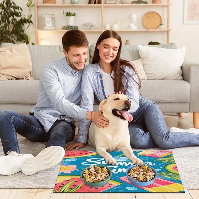 Summer Watermelon Dog Food Mat for Floors Absorbent Dog Bowl Mat for Food and Water Dispenser Quick Dry Cat Food Placemat Pet Supplies 16" x 24", Ice Cream