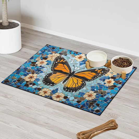 Butterfly Dog Food Mat for Floors Absorbent, Quick Dry Water Dispenser Mat for Food, Water, Pet Supplies 12" x 20", Colorful Floral