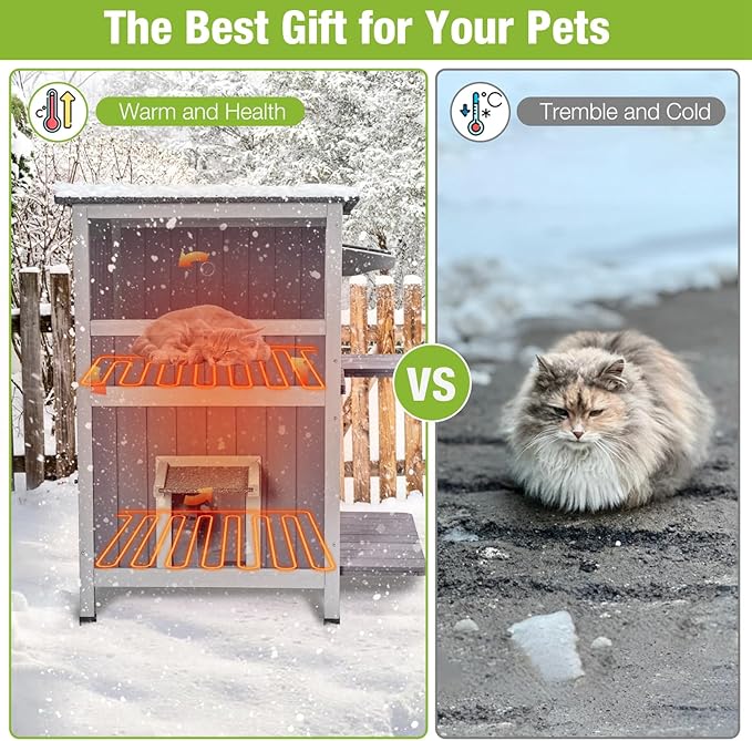 Gutinneen Heated Outdoor Cat House with Heating Pad & Insulated Liner Feral Kitty Shelter Ourdoor & Indoor Cat Cage with Waterproof Roof, 2 Large Side Doors