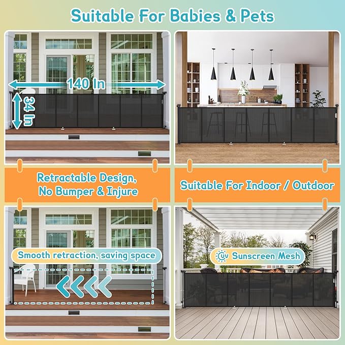 140'' Retractable Baby Gates Extra Wide,34" Tall Retractable Dog Gate for Doorways, Security Upgrade Reinforcement Rods Extra Long Retractable Baby Gate for Stairs, Indoor/Outdoor Retractable Gate