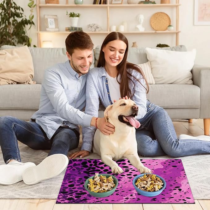 Leopard Print Dog Food Mat for Floors Absorbent Dog Bowl Mat for Food and Water Dispenser Quick Dry Cat Food Placemat Pet Supplies 16" x 24", Purple Wild Skin