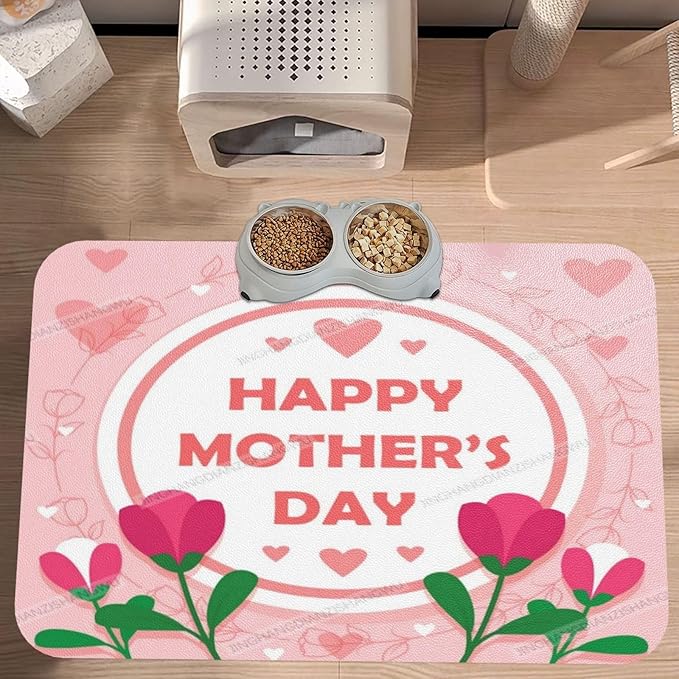 Absorbent Dog Water Cat Mat for Food Water Bowl Quick Dry Happy Mother's Day Floral Gift for Mom Ka Pet Feeding Mats No Stains Dog Food Mat Pet Accessories Supplies Cat Bowl Mats 18X12In