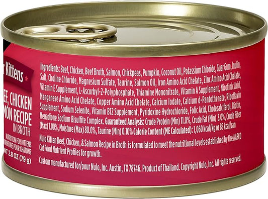Nulo Paté with Shreds Beef, Chicken & Salmon Recipe for Kittens, 2.8 oz can, Case of 12