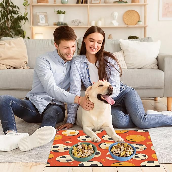 Football Dog Food Mat for Floors Absorbent, Quick Dry Water Dispenser Mat for Food, Water, Pet Supplies 16" x 24", Soccer Ball