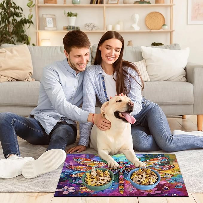 Watercolor Dragonfly Dog Food Mat for Floors Absorbent, Quick Dry Water Dispenser Mat for Food, Water, Pet Supplies 16" x 24", Floral