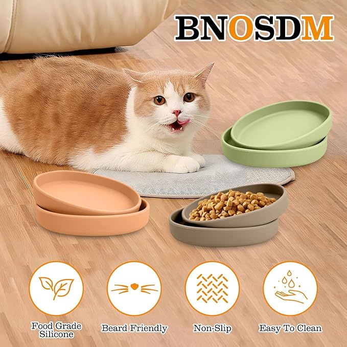 BNOSDM Silicone Cat Bowl 2 Pcs Non-Slip Cat Dish for Dry Food and Wet Food Shallow Relief Whisker Fatigue Pet Bowls Plates Set for Cats Dogs, Green
