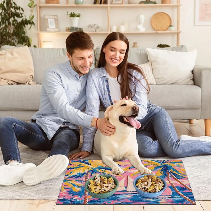 Palm Tree Dog Food Mat for Floors Absorbent, Quick Dry Water Dispenser Mat for Food, Water, Pet Supplies 16" x 24", Colorful Sailboat