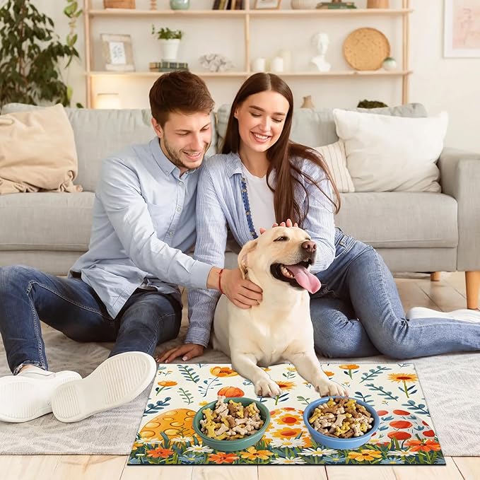 Easter Egg Dog Food Mat for Floors Absorbent Dog Bowl Mat for Food and Water Dispenser Quick Dry Cat Food Placemat Pet Supplies 16" x 24", Wildflower Floral