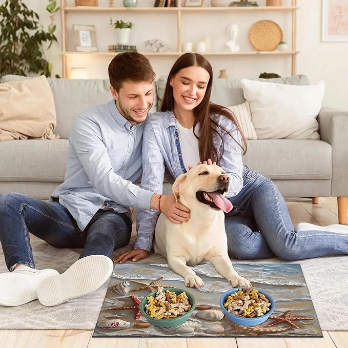Nautical Coastal Dog Food Mat for Floors Absorbent Dog Bowl Mat for Food and Water Dispenser Quick Dry Cat Food Placemat Pet Supplies 24" x 32", Beach Seashell Starfish